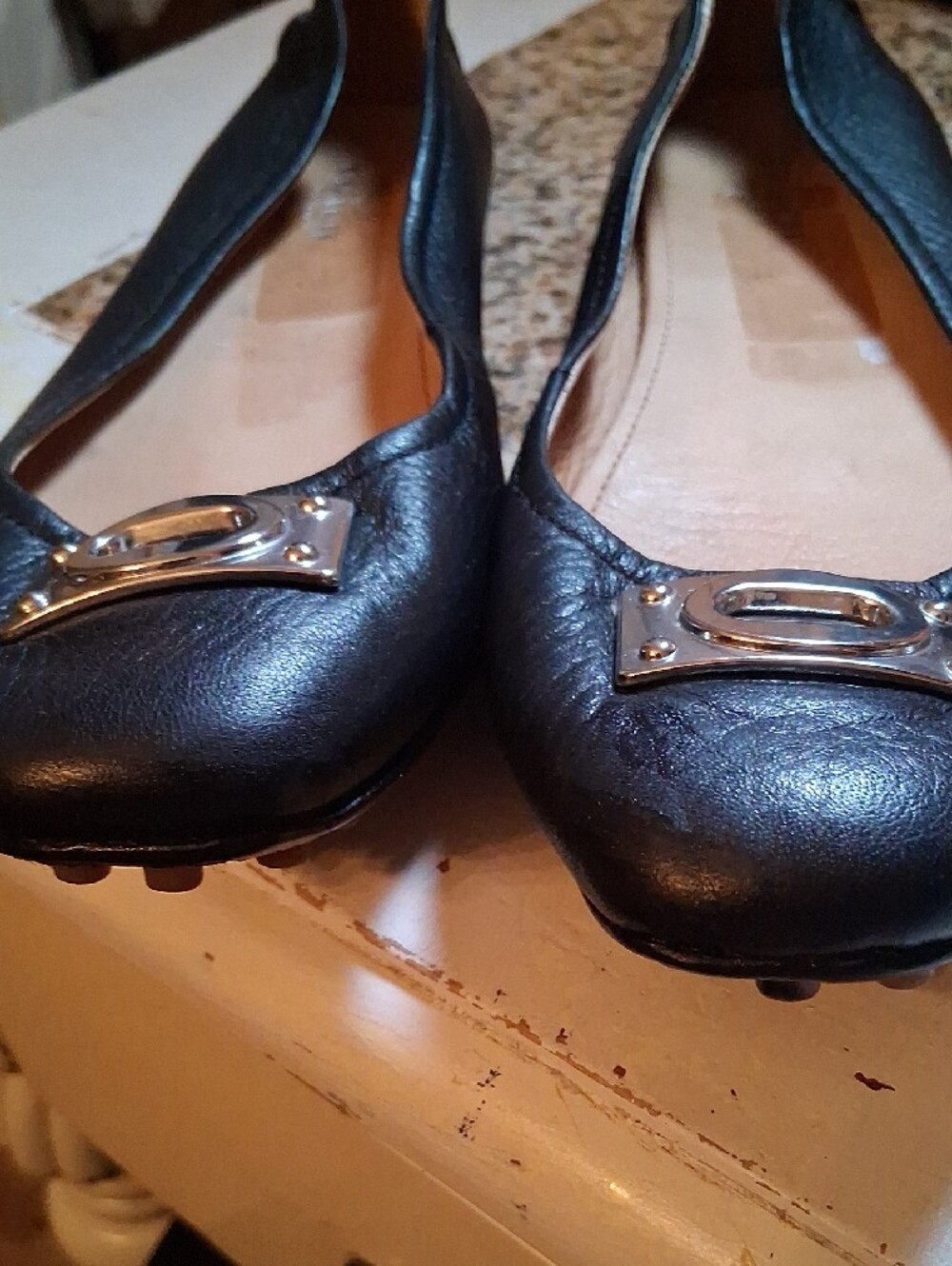 Coach Black Leather Ballet Flats with Silver Logo Plaques - Picture 9 of 11